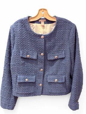 H&M Navy Textured Bouclé Bomber Jacket XL